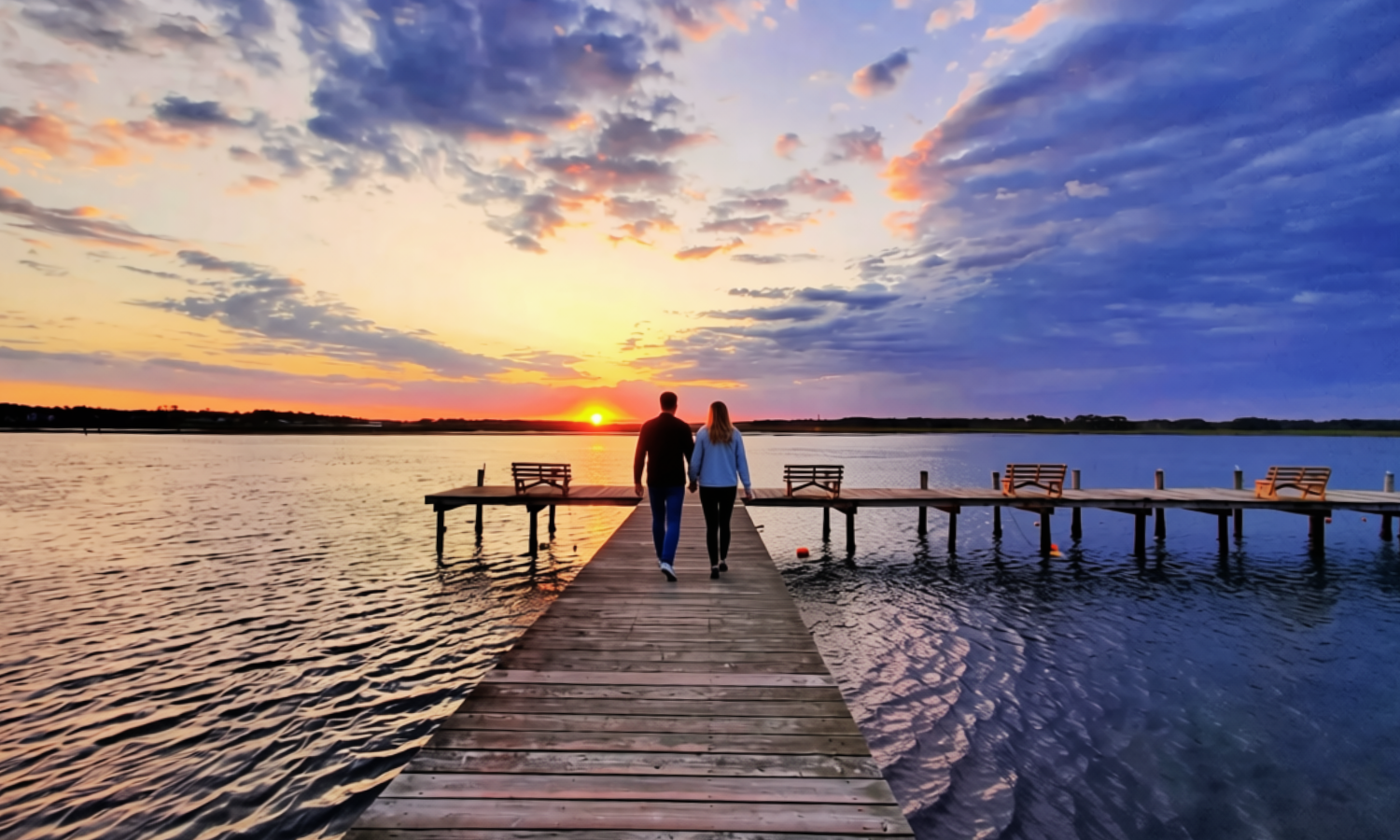 Couple enjoying a sunset walk on the waterfront dock at Tom's Cove Park, a waterfront campground on Chincoteague Island near Assateague Beach.